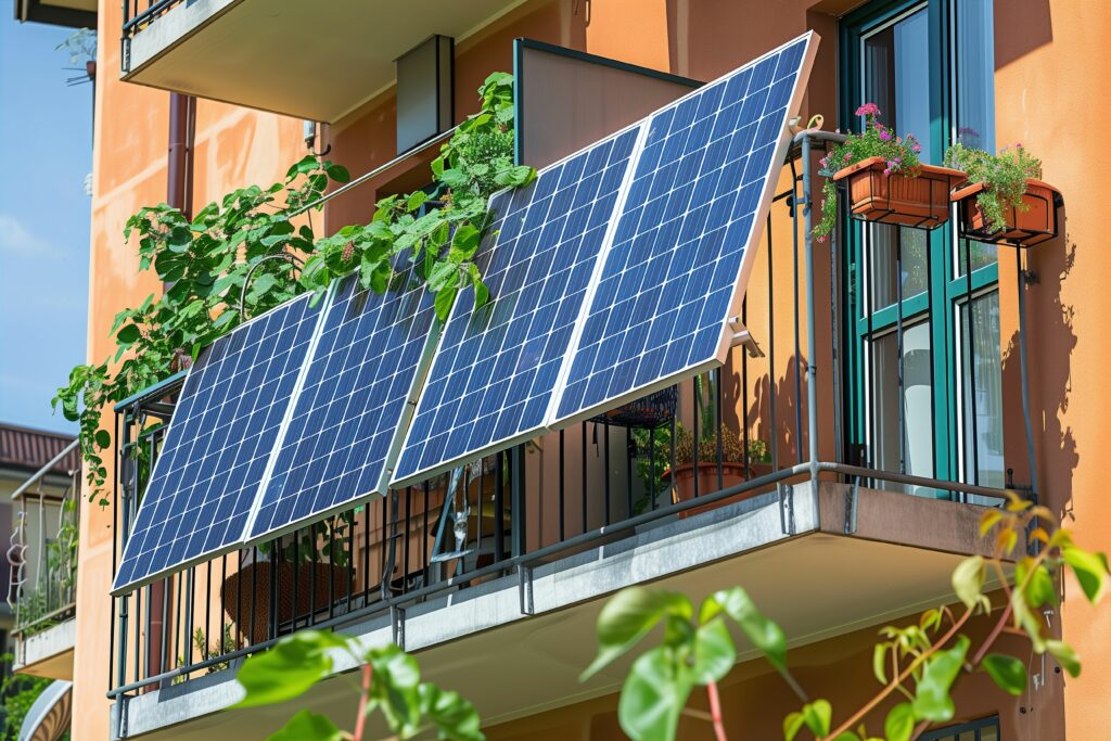 Ein KI-generiertes Bild zeigt ein Balkonkraftwerk mit zwei großen Solarpanels, die schräg an einem Balkongeländer montiert sind. Die Module sind in Richtung Sonne ausgerichtet und von grünen Pflanzen sowie Blumenkästen umgeben. Im Hintergrund ist die orangefarbene Fassade eines Wohngebäudes mit einem großen Fenster und modernen Elementen sichtbar.