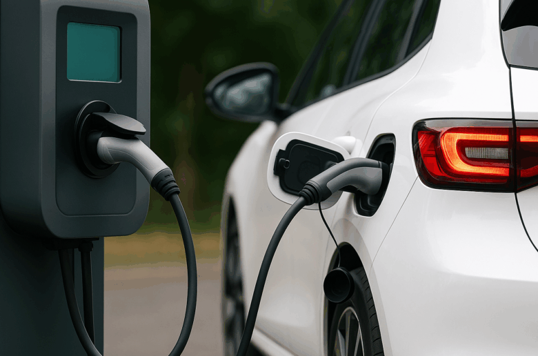 Ein weißes Elektroauto ist an eine moderne Ladestation angeschlossen, symbolisiert die Zukunft bidirektionalen Ladens als Teil eines intelligenten Energiesystems.