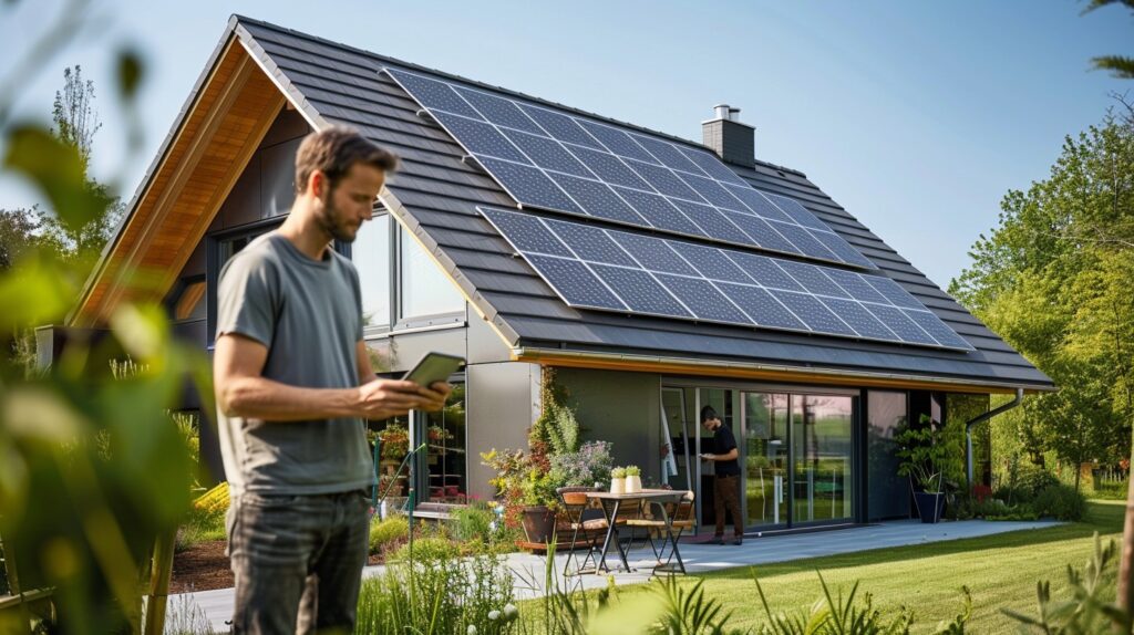 Energiewende: Eine Person nutzt ein Smartphone vor einem Einfamilienhaus mit großer PV-Anlage auf dem Dach.