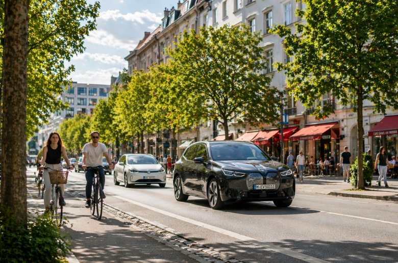 Elektroauto und Fahrräder im urbanen Straßenverkehr